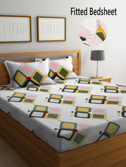 FABINALIV - White Geometric 300 TC Cotton Blend Fitted Bedsheet with 2 Pillow Covers (King)