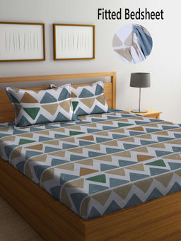 FABINALIV - Grey Geometric 300 TC Cotton Blend Fitted Bedsheet with 2 Pillow Covers (King)