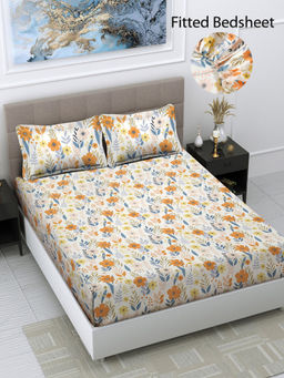 FABINALIV - White Floral 300 TC Cotton Blend Fitted Bedsheet with 2 Pillow Covers (King)