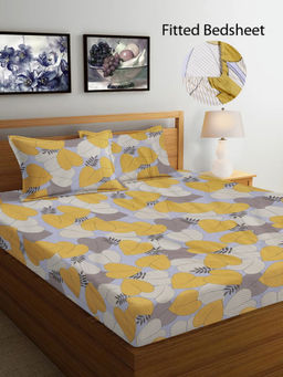 FABINALIV - Blue Floral 300 TC Cotton Blend Fitted Bedsheet with 2 Pillow Covers (King)