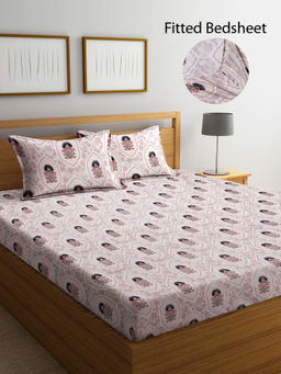 FABINALIV - Pink Floral 300 TC Cotton Blend Fitted Bedsheet with 2 Pillow Covers (King)