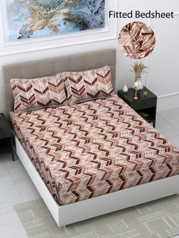FABINALIV - Brown Geometric 300 TC Cotton Blend Fitted Bedsheet with 2 Pillow Covers (King)