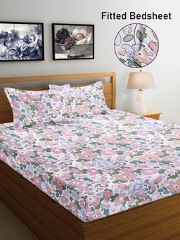 FABINALIV - White Floral 300 TC Cotton Blend Fitted Bedsheet with 2 Pillow Covers (King)