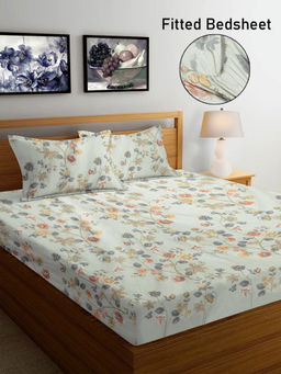 FABINALIV - White Floral 300 TC Cotton Blend Fitted Bedsheet with 2 Pillow Covers (King)
