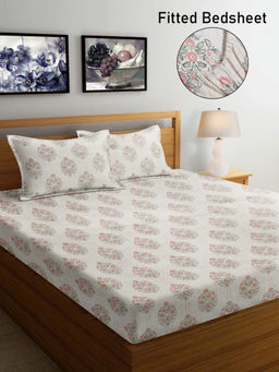 FABINALIV - White Floral 300 TC Cotton Blend Fitted Bedsheet with 2 Pillow Covers (King)