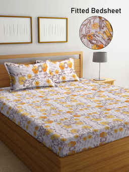 FABINALIV - Beige Floral 300 TC Cotton Blend Fitted Bedsheet with 2 Pillow Covers (King)