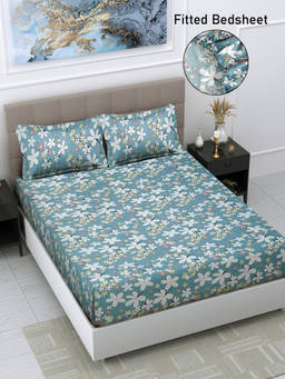 FABINALIV - Blue Floral 300 TC Cotton Blend Fitted Bedsheet with 2 Pillow Covers (King)