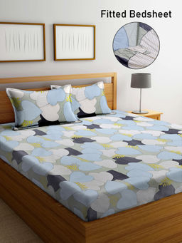 FABINALIV - Grey Floral 300 TC Cotton Blend Fitted Bedsheet with 2 Pillow Covers (King)