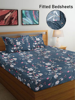 FABINALIV - Blue Floral 300 TC Cotton Blend Fitted Bedsheet with 2 Pillow Covers (King)