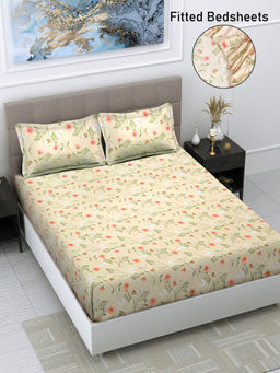 FABINALIV - Cream Floral 300 TC Cotton Blend Fitted Bedsheet with 2 Pillow Covers (King)