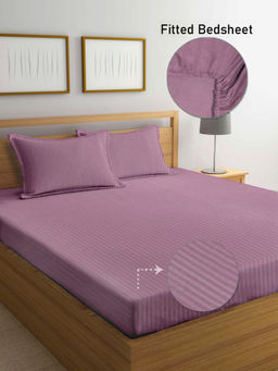 FABINALIV - Pink Onion Striped 300 TC Cotton Blend Fitted Bedsheet with 2 Pillow Covers (King)