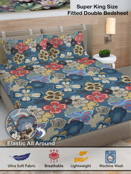 FABINALIV - Blue Floral 300 TC Cotton Blend Fitted Bedsheet with 2 Pillow Covers (King)