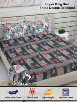FABINALIV - Grey Geometric 300 TC Cotton Blend Fitted Bedsheet with 2 Pillow Covers (King)