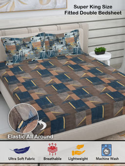 FABINALIV - Brown Geometric 300 TC Cotton Blend Fitted Bedsheet with 2 Pillow Covers (King)