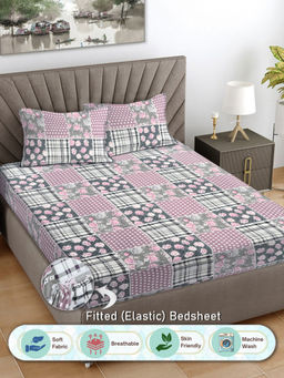 FABINALIV - Multi-Color Geometric 300 TC Cotton Blend Fitted Bedsheet with 2 Pillow Covers (King)