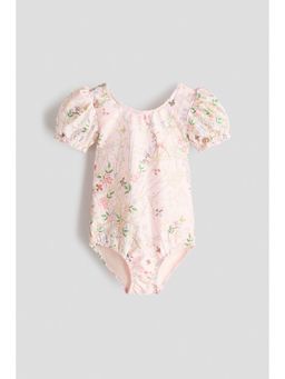H&M - Girls Pink Printed Puff-Sleeved Swimsuit