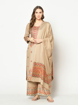Safaa - Beige Self Design Woollen Unstitched Dress Material (Set of 3)