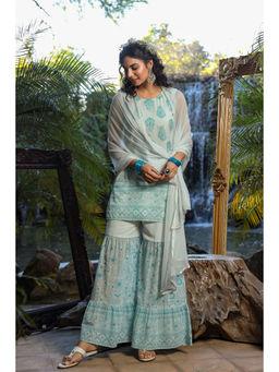 Juniper - Blue Ethnic Motif Printed Georgette Kurta Sharara & Chiffon Dupatta Set