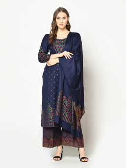 Safaa - Navy Blue Self Design Woollen Unstitched Dress Material (Set of 3)