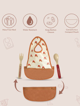Mi Arcus - 100% Cotton Printed Bib with Zipper Pouch & Spoon & Fork with Velcro Closure