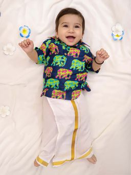 KID1 - Blue Elephant Print Kurta with Lungi