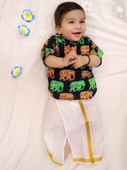 KID1 - Navy Blue Elephant Print Kurta with Lungi
