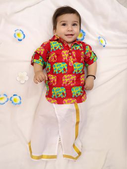 KID1 - Red Elephant Print Kurta with Lungi