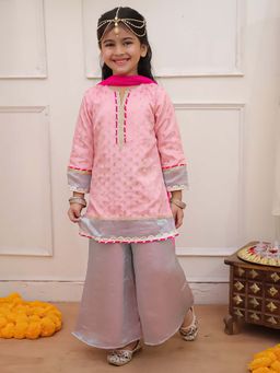 KID1 - Pink Jacquard Kurti with Shimmer Palazzo Set with Dupatta