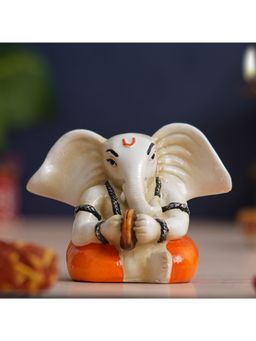 eCraftIndia - White & Orange Polyresin Lord Ganesha Idol Playing Cymbals Musical Instrument