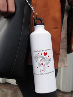 Indigifts - Valentine Gift Love Is Heat Printed Aluminium Water Bottle 750Ml White, Valentine Gifts, Love Gift