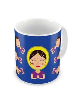 Indigifts - Dipawali Gift Items Indian Woman Hand Greeting Posture Blue Coffee Mug 325ml