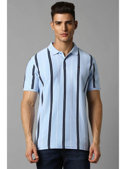 Louis Philippe - Men Blue Stripe Collar Neck Polo T-Shirt