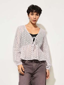 ONLY - Lavender Schiffli Tie Detail Cotton Top