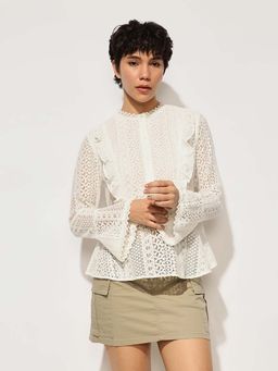 ONLY - White Frill Trim Lace Peplum Top