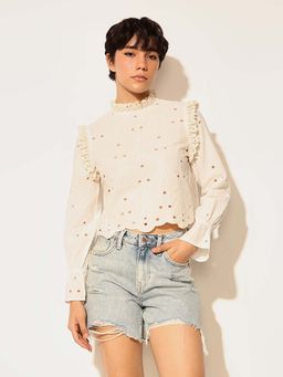 ONLY - White Schiffli Cropped Cotton Top