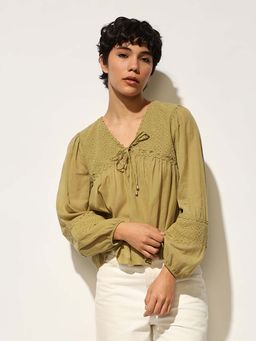 ONLY - Green Tie Detail Cotton Top