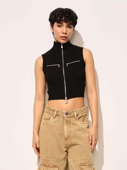 ONLY - Black Zip Up Knit Crop Top
