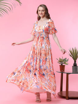 MISH - LUXE By MISH Orange Floral Printed Maxi Length Dress