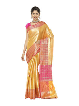 Banarasi Silk Works - Gold Kanchi Silk Zari Pink Pattu Border Saree with Unstitched Blouse
