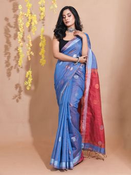 CHARUKRITI - Sapphire Blue Tissue Dual Borders Zari Motifs Handwoven Saree with Unstitched Blouse