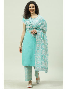 Biba - Sea Green Cotton Straight Suit (Set of 3)
