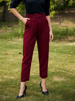 KASSUALLY - Maroon Belted High Waist Straight Trouser