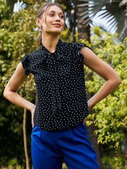 KASSUALLY - Black Front Tie Up Polka Dot Top