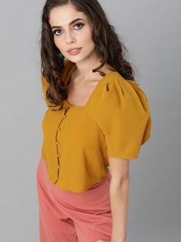 KASSUALLY - Mustard Yellow Puff Sleeves Regular Top