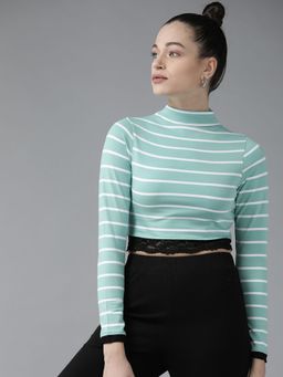 KASSUALLY - Blue High Neck Pure Cotton Crop Top