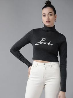 KASSUALLY - Black High Neck Pure Cotton Crop Top
