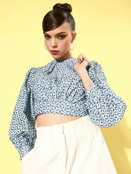 KASSUALLY - White & Blue Floral Puff Sleeve Crop Top