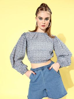 KASSUALLY - White & Blue Floral Puff Sleeve Crop Top