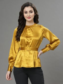 KASSUALLY - Yellow Round Neck Waist Belt Feminine Frills Top (Set of 2)