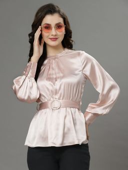 KASSUALLY - Peach Round Neck Waist Belt Feminine Frills Top (Set of 2)